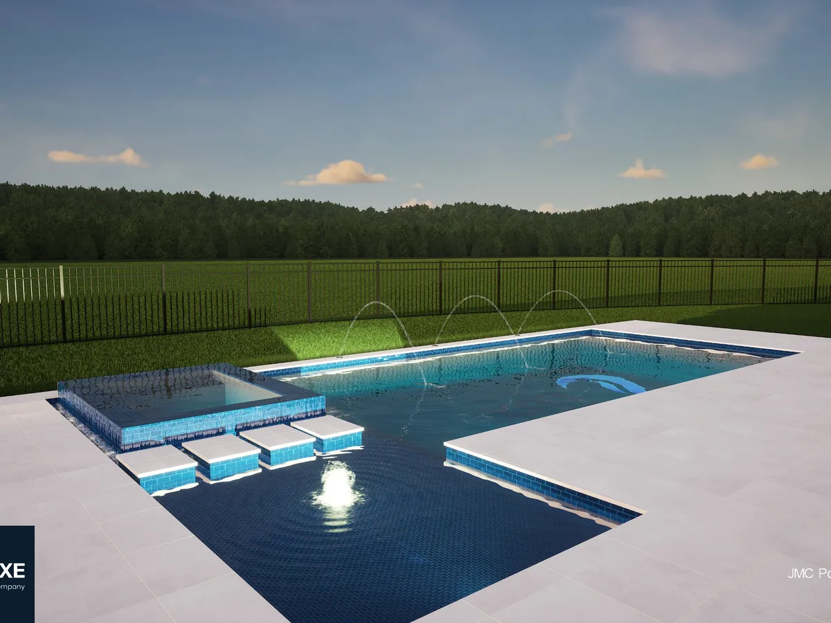 3D design concept of a pool with spa, laminar jets, and custom fire feature in Palm Beach Gardens, FL